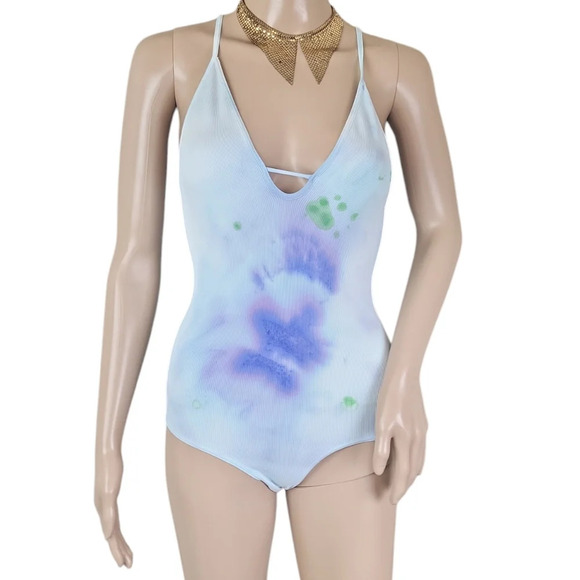 Free People Intimately Seamless Ribbed Cami Bodysuit Purple Blue Neon Tie Dye - Picture 1 of 3